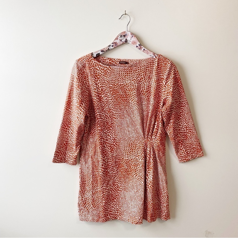 J. MCLAUGHLIN Orange Giraffe Print Side Gathered Catalina Cloth Tunic Top! Large